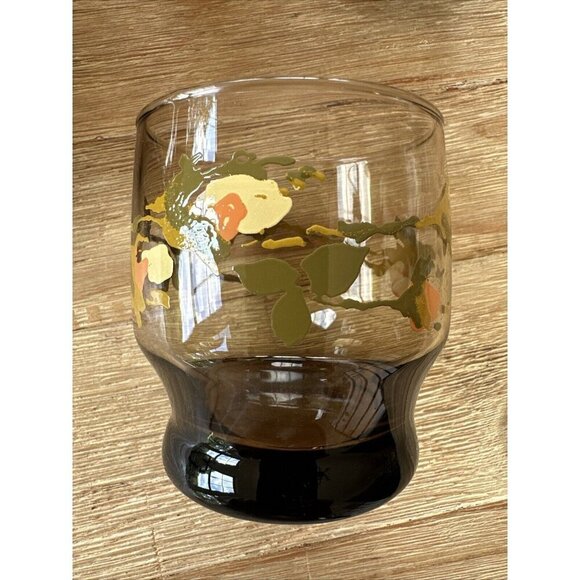 Vintage Set of 7 Amber Juice Glasses Painted Floral Blossoms MCM Mid Century - Picture 5 of 6